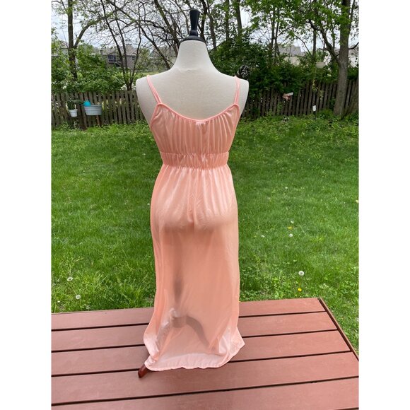 Vintage Peach Nightgown With Delicate Lace Waist Sheer Flowy Skirt Adjustable Sp - Picture 4 of 8